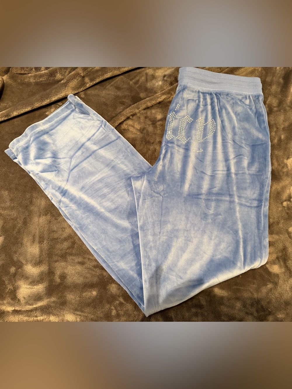 NWOT Juicy Couture Big Bling Light Blue Velour Lounge/Track Pants. Size Large.